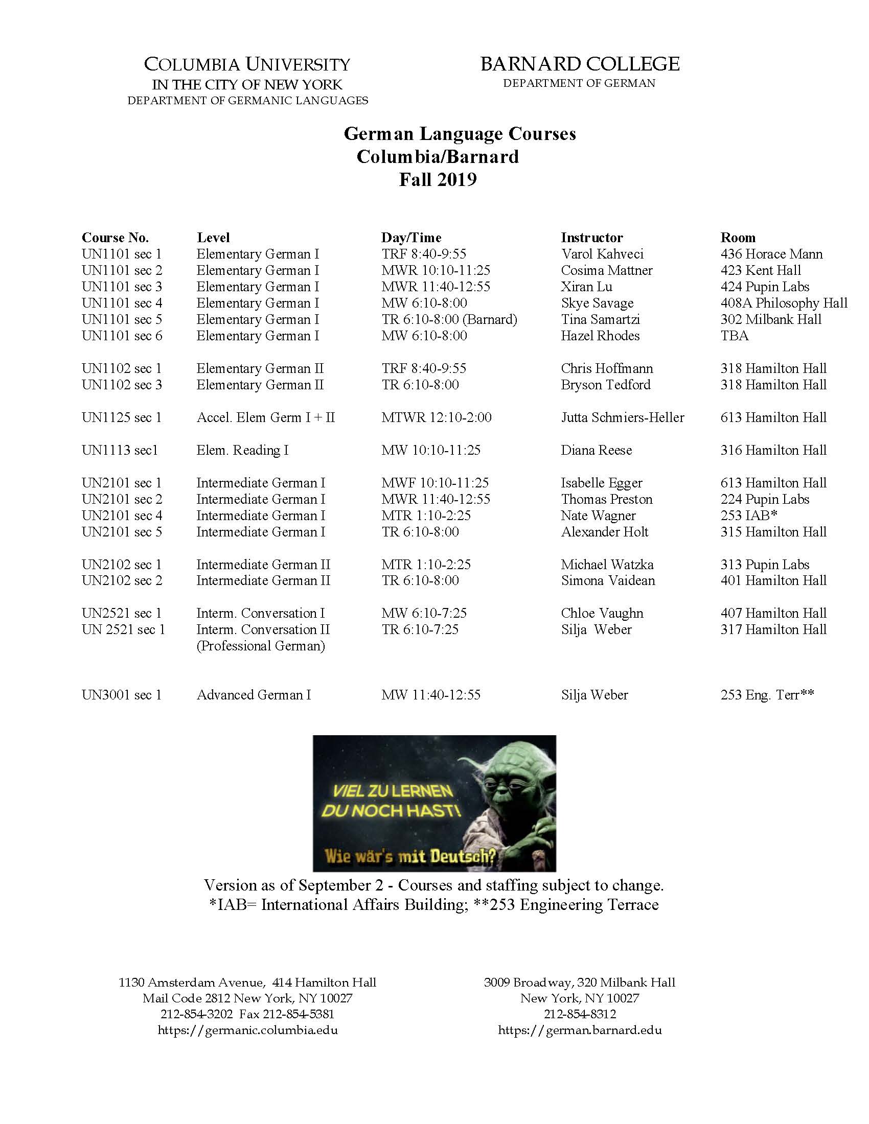 Course Offerings Barnard German